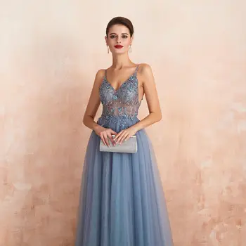 2020 Beaded Haljina Za Prom Plus Size Duge Elegantne See Through A Line Split Tila V izrez Špageti Remen Večernja Haljina