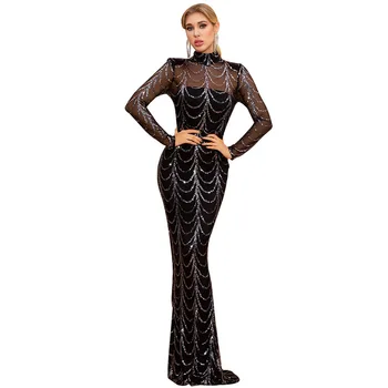 2021 Seksi Sequin Women Maxi Party Dress Long Sleeve Solid Evening Cocktail Long Dress Elegantne Haljine Za Maturalnu Večer
