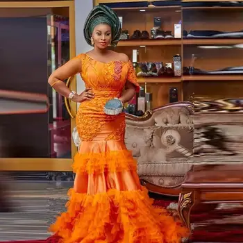 Nigerijski Večernje Haljine s otvorenim Ramenima Aso Ebi Orange Dužina poda Elegantna Večernja Haljina Duge haljine de soiree Gradacija Haljine Aplicirano