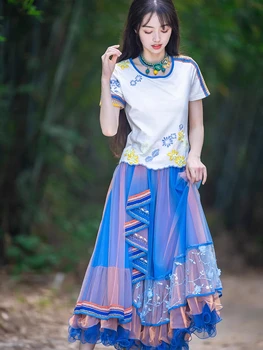 TIYIHAILEY Besplatna Dostava Jesen Ljeto Duge Maxi Suknja s visokim Strukom Za Žene Vez Nacionalni Kineski Stil Mreže Ukrašen Suknje