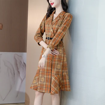 Korejski Stil Ženske haljine Ljuska Haljine za Žene Smeđe Dugi Rukav Office Ženske Cipele Bodycon Dress Vestidos De Mujer