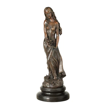 Lijepa Djevojka s Cvijećem Skulptura Brončani Ženski Kip Vintage Metalne Umjetničke Kipić za uređenje Radne Površine