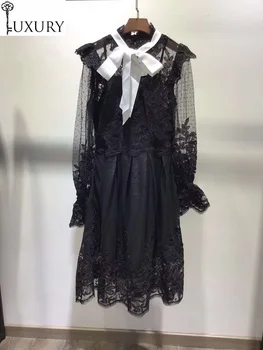 Spring $Bow Tie 2020 Summer Party Event Women Exquisite Embroidery Flare Sleeve Elegant Black White Princess Dress