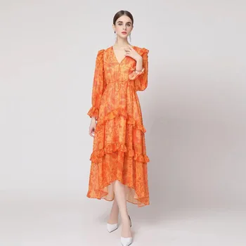 WQJGR Ljetnim Elegantne Haljine za Žene Visoke Kvalitete Dugi Rukav Pulover Nepravilan Rub Narančasta Stranke Ženske haljine