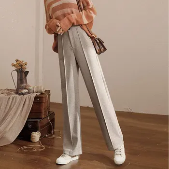 Vunene hlače Ženske Zimske 2020 Nove Široke hlače s visokim strukom Slobodne Svakodnevne Izravne hlače Fine i jesenje Čišćenje Hlače