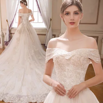 2018 Haute Couture A-Line Vjenčanica Aplicirano Veliki Vlak Vjenčanice S Otvorenim ramenima vestidos de noiva