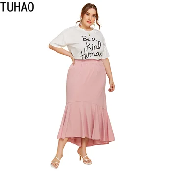 TUHAO Ženski Casual Kit Plus Veličina 3XL 4XL Bijela Majica + Volanima Roza Suknja Ženski Ljeto Setove Odijelo Gotički Suknje