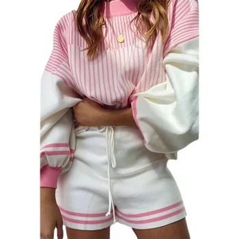Korejski moda 2021 Ženski Džemper dugih rukava i Kratke hlače Home Usluge Kostim iz dva dijela Flare Sleeve Drawstring Loose Aesthetic