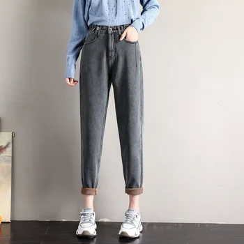 2021 дымчато - siva plus baršun traperice ženske zimske elastičan pojas tople i fine hlače tata pune boje hlače