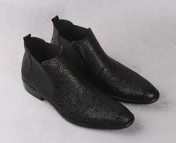 Muške cipele od prave kože bez-uvezivanje sa oštrim vrhom, casual cipele s visokim берцем, crna haljina u prosjeku petu, crne čizme