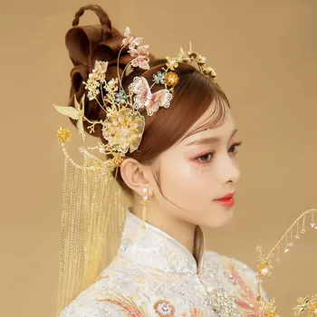 JaneVini Tradicionalni Zlatni Svadbena Frizura Zrna Kineska Haljina Cheongsam Klinac Duge Kićankama Vjenčanje Pribor Nakit Za Kosu