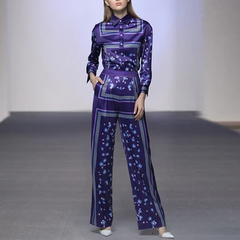 KVALITETA 2021 VISOKA Najnovije Dizajnerske modne Piste točno postavili bend Ženska Tamno Plava Bluza s Cvjetnim Ispis i Široke Hlače Odijelo Komplet