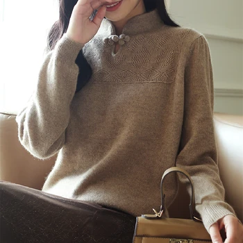 Kineski stil superior vuneni džemper top proljeće i zima klasicni stojeći zakopčati ovratnik šuplje veste s dugim rukavima žene