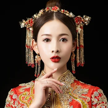 JaneVini Starinski Kineski Stil Vjenčanje Pokrivala Za Glavu Nakit Drevne Svadbene Crvenih Beretki Zlatnim Kićankama Ženske Vjenčanje Pribor Za Kosu