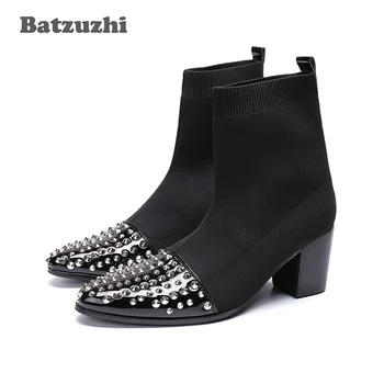 Batzuzhi / Cipele na visoke Potpetice je 7 cm; Muške Crne Čizme Od Elastične Tkanine s Oštrim Vrhom i Zakovice; Botas Hombre; Večernji Moto Čizme
