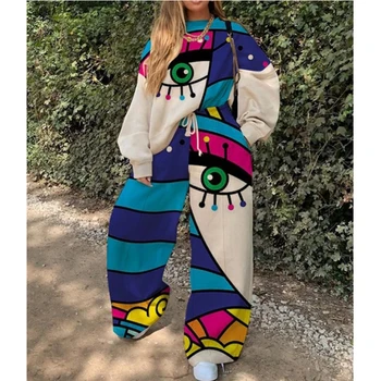 Ženska Odjeća 2022 Fashion Street Art New Sportska Casual Round Neck Loose Print Sweater Set Woman 2 Pieces Spring Hoodies