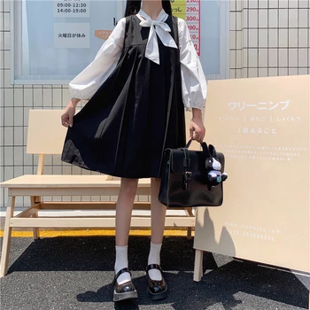 2020 TOPLA Jesen Slatka djevojka Slatki Ženski Komplet Japan Uredan Stil Čipke Luk ovratnik bluze i Nabrane trake haljina Slatki ženski komplet