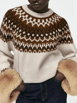 ZA jesen i zima novi stil i temperament dizajn osjećaj okrugli izrez s dugim rukavima umjetno krzno učinak жаккардовый tople pletene džemper