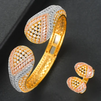 GODKI Luxury Korea 2pcs Bangle Ring Set For Women Full Micro Cubic Zircon Pave Wedding Party Saudi Arabic Dubai Jewelry Sets