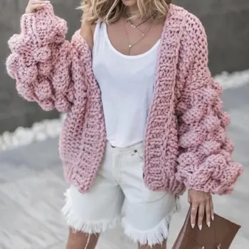 Pink grubo pletene Džemper Ženski 2019 Zimski Modni Kardigan S Rukava Svjetiljku Ženski Vanjski Prednji Korejski Džemper, Kaput