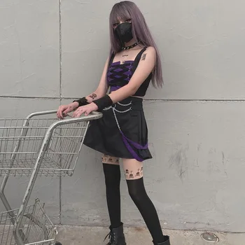Crna Gotička Mini suknja Kompleti Od Dva Dijela Tenkovi Žena Ulica Harajuku Y2K Čipke Skraćeni Vrhovima Lanca Patchwork Suknja E-Girl Suit