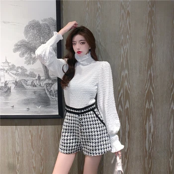 Korejski Trendy Odjeću Seksi Kratkom Хаундстут Prsluk+ Bijela Košulja Kockice Luk Face Mini Elastične Gaćice S Visokim Strukom Odmor