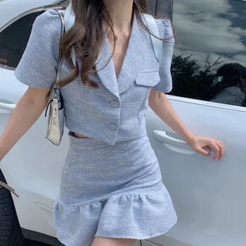 Korejski Slatki Elegantan Komplet Od 2 Predmeta Ženski Novi Ljetni Modni Skraćene Top Košulja, Bluza, Mini-Suknja Kostime Iz Dva Dijela Odjeće Visoke Kvalitete