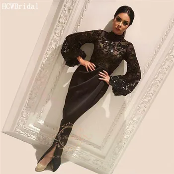 Sjajne Crne Duge Rukave Arabic Večernja Haljina 2020 Postaviti Visoki Izrez Ljuska Duge Posebne Ženske Haljine Abendkleider