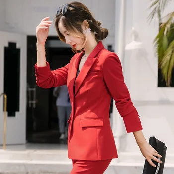 Ženske kostime Tanak jesen crvena jakna, Hlače komplet od 2 predmeta OL Formalne Ženske hlače odijela Ženski komplet odijela 9366
