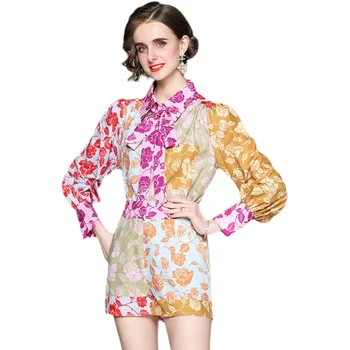 Europa Amerika Moda Engleska Stil Dizajn Print Slobodna Tanka Bluza Košulja Top Kratke Svakodnevne Ženski Kompleti Odjeće Iz 2 Predmeta