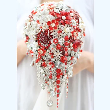 Mladenka Pad Broš buket ugovoriti Vjenčanje crvene i bijele Nakit Nevjesta vjenčani buketi Suza kićanka holding cvijeće