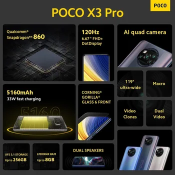 Globalna verzija POCO X3 Pro NFC 6 GB, 128 GB/ 8 GB i 256 GB smartphone Snapdragon 860 120 Hz DotDisplay 732 G 48MP Skladište 5160 Baterija NFC