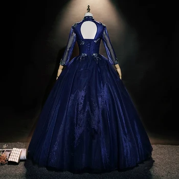 AnXin SH vintage princeza tamno plave čipke sjajna visoki vrat perle crystal dugi rukav ruže loptu haljina djeveruša večernja haljina