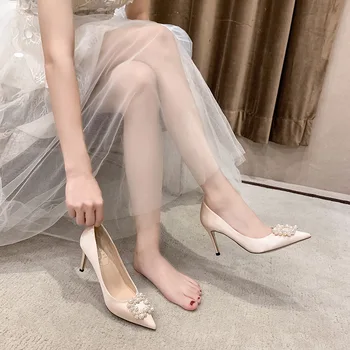 Nova biserna trg buckle bijela glavni vjenčanja mladenka vjenčanje cipele šampanjac zlato djeveruša haljina cipele na petu veliki veličina 4243