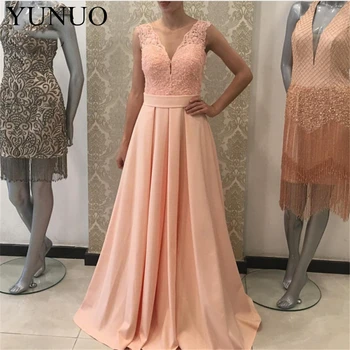 YuNuo New Sheer Lace Evening Dresses Long with Lace Sleeveless V-izrez Satin Official Evening Party Dress for Women Custom Made N53
