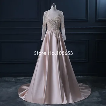 Leeymon Seksi Iluzija Evening Dress With Long Train Sleeves Satin Pink Pearls Prom Dress Slit Evening Dress A365