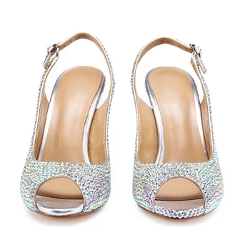 Svjetlucave Cipele Vjenčanje Čamaca Sa Štrasom Scarpin AB Crystal Slingback Heels Shoes Silver Plus Size Peep Toe Summer Ladies Pumps