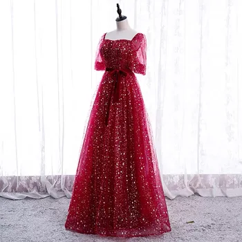 AnXin SH princeza bordo-crveno čipkan večernja haljina vintage college kratkih rukava slatka sjajan luk iluzija nevjesta večernja haljina