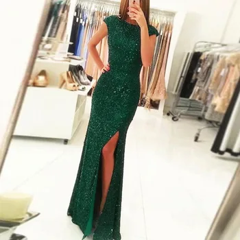 Seksi zelena formalno večernja haljina 2019, seksi zelene šljokice sirena gradacija haljine duge 2019 prilagođene veličine s visokim prorezom