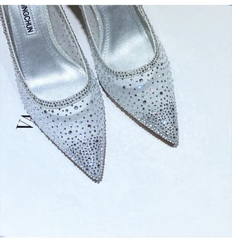 Ukusan ženske trendy ženske cipele srebro crystal mreže čipka oštar čarapa štikli striptizeta na visoku petu mladenka vjenčanje cipele-čamaca 8 cm veličina 40