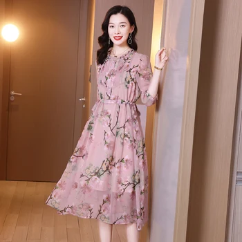 Svila Ljetna Haljina 2021 Elegantne Cvjetne Haljine za Žene Svakodnevno Midi Haljina Korejski Modne Odjeće Vestido De Mujer Pph3924