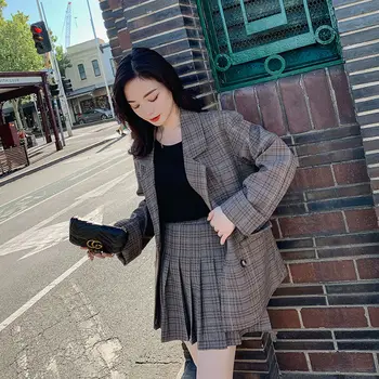 2021 Novi Proljeće-Jesen Korejski Kockice Odijelo Jakna Ženski Koledž Stil Student Плиссированная Suknja Odijelo 2 Kom Odijelo
