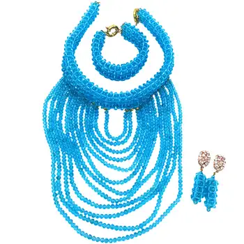 Jezero Plavi Afrički Vjenčanje Perle Setovi Nigerijski Crystal Perle Ogrlica i Naušnice Vjenčanje College Nakit Kompleti za Žene DDK005