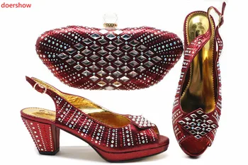 Doershow deep red Shoes and Bags To Match with Shoes Bag Set Decorated with vještački dijamant Women Shoes and Bag Set In Italy !! HTB1-7