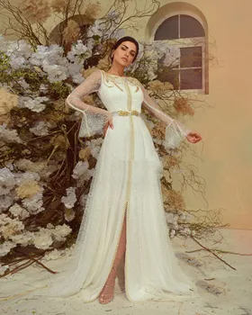 Elegantan obične Bijele Čipke Marokanski Kaftan Večernja Haljina Trapeznog Oblika Dužine Do poda Sirena Ljetna Haljina Saudijska Arabija Formalno Ženske haljine