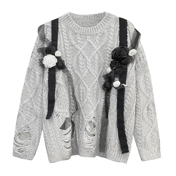 XUXI Hole Sweater Women Jesen Zima 2021 Novi Slobodan Trodimenzionalni Mali Cvijet O Neck Siva Ženski Džemper Moda E3295