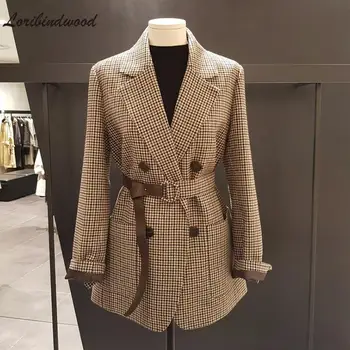 Loribindwood 2022Autumn and Winter New Korean Version of The Houndstooth Pokrivač Woolen Coat Women ' s Retro Small Suit Lace-up Suit