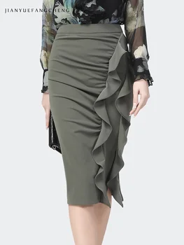 Suknja je Srednje Dužine Elegantne Ženske Seksi Uske Suknje olovka suknje Sa Volanima Svijetlo Zeleni Ured Ženske Suknje s Visokim Strukom