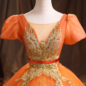 AnXin SH vintage lace orange flower o vrat sparkly beading crystal ball dress short sleeve princess party bride evening dress