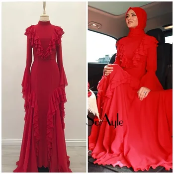 SoAyle Ljuska 2018 Večernje Haljine Dubai Muslimanske Ženske Duge Haljine Crvene Večernje Haljine za Maturalne Шифоновые Volanima Arabija Moda